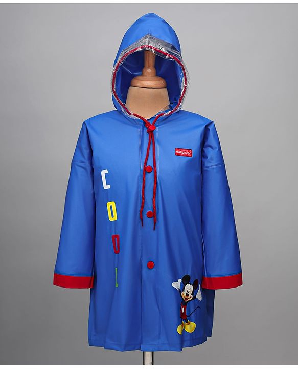 Babyhug Full Sleeves Below Knee Length Raincoat With Mickey Cool Print - Royal Blue