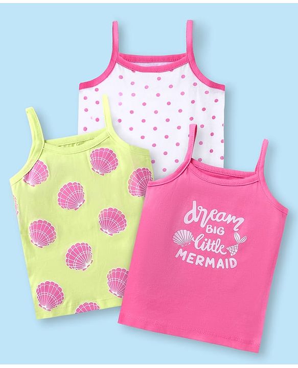 Babyhug 100% Cotton Knit Sleeveless Antibacterial Slips with Polka Dots & Text Print Pack of 3 - Dark Pink White & Neon Green
