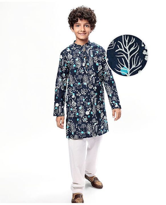 Pine Kids Cotton Woven Full Sleeves Printed Kurta Pyjama Set - Black & White