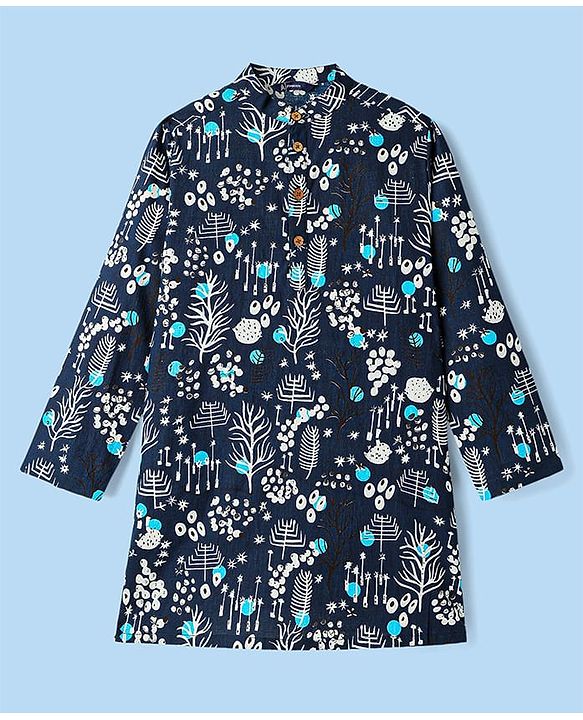 Pine Kids Cotton Woven Full Sleeves Printed Kurta Pyjama Set - Black & White