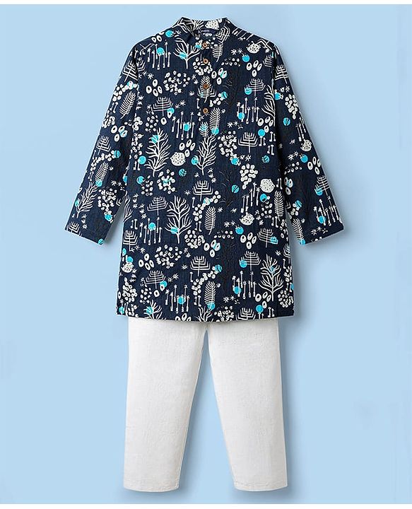 Pine Kids Cotton Woven Full Sleeves Printed Kurta Pyjama Set - Black & White
