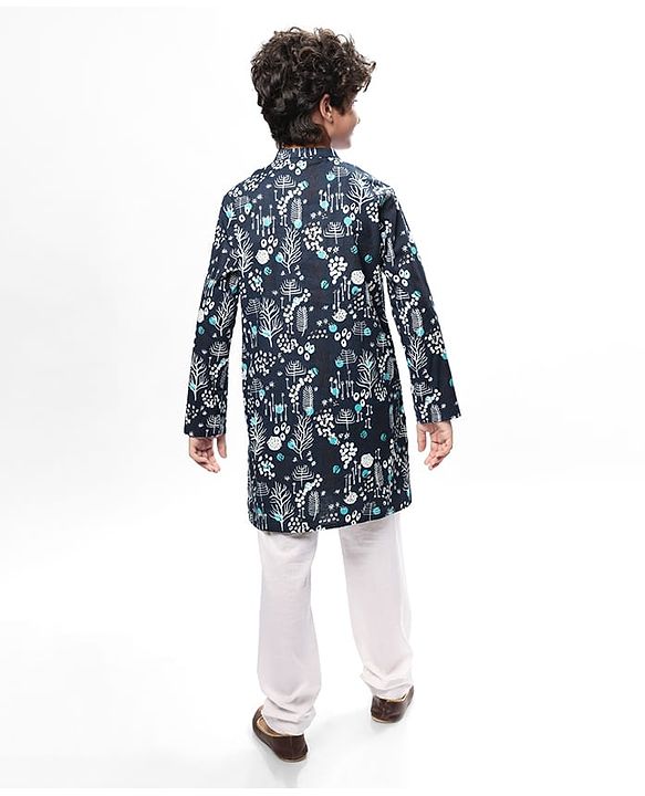 Pine Kids Cotton Woven Full Sleeves Printed Kurta Pyjama Set - Black & White