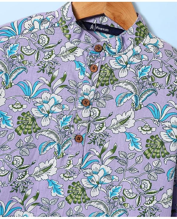 Pine Kids Cotton Woven Full Sleeves Kurta & Pyjama With Floral Print - Lilac