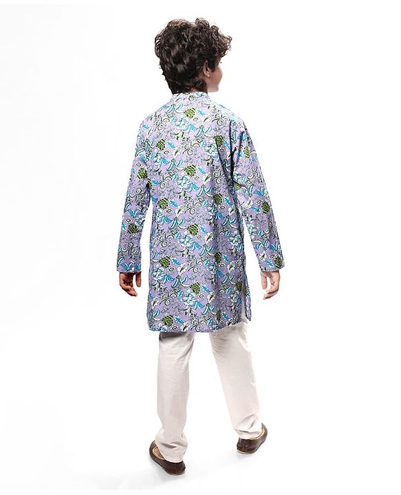 Pine Kids Cotton Woven Full Sleeves Kurta & Pyjama With Floral Print - Lilac
