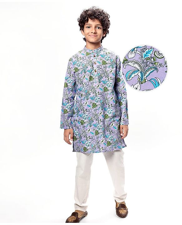 Pine Kids Cotton Woven Full Sleeves Kurta & Pyjama With Floral Print - Lilac
