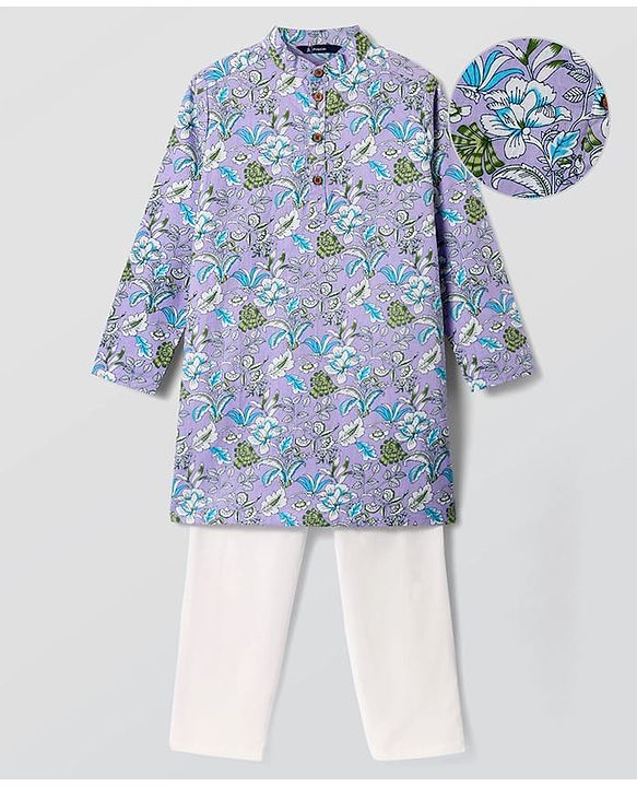 Pine Kids Cotton Woven Full Sleeves Kurta & Pyjama With Floral Print - Lilac