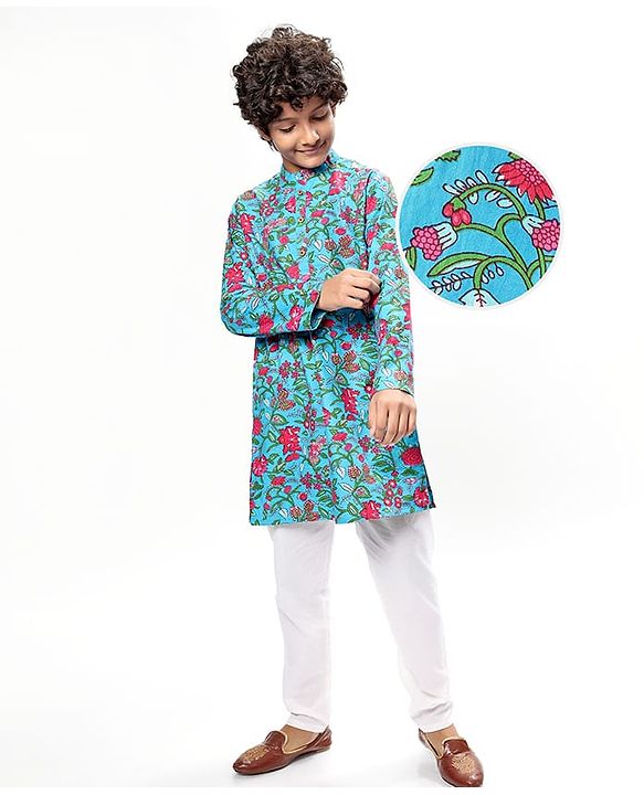Pine Kids Cotton Woven Full Sleeves Kurta & Pyjama With Floral Print - Light Blue