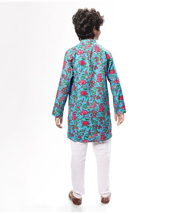 Pine Kids Cotton Woven Full Sleeves Kurta & Pyjama With Floral Print - Light Blue