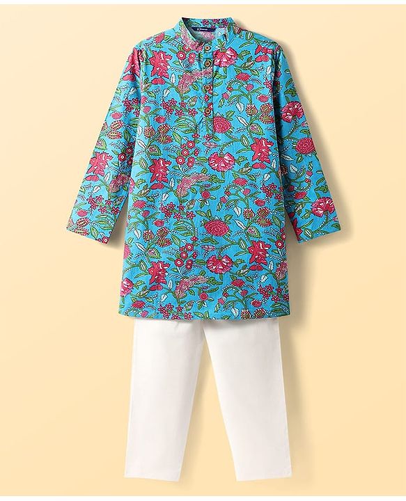 Pine Kids Cotton Woven Full Sleeves Kurta & Pyjama With Floral Print - Light Blue