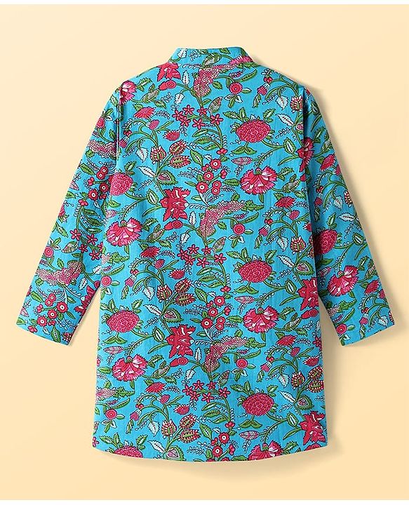 Pine Kids Cotton Woven Full Sleeves Kurta & Pyjama With Floral Print - Light Blue