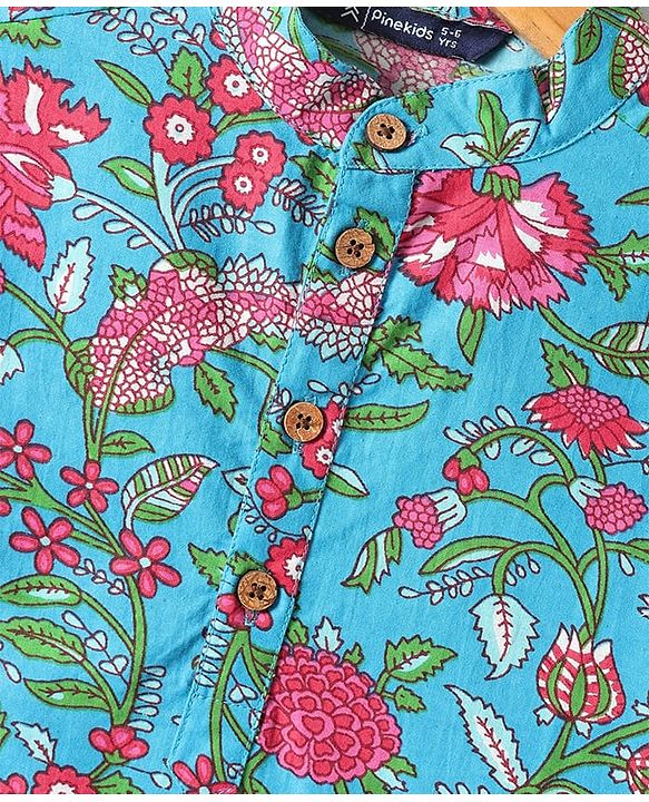 Pine Kids Cotton Woven Full Sleeves Kurta & Pyjama With Floral Print - Light Blue