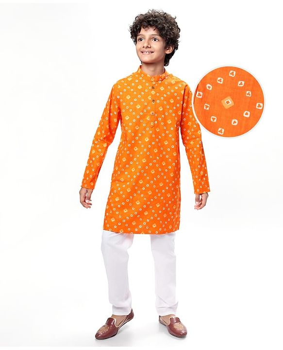 Pine Kids Cotton Woven Full Sleeves Kurta & Pyjama With Bandhani Print - Orange