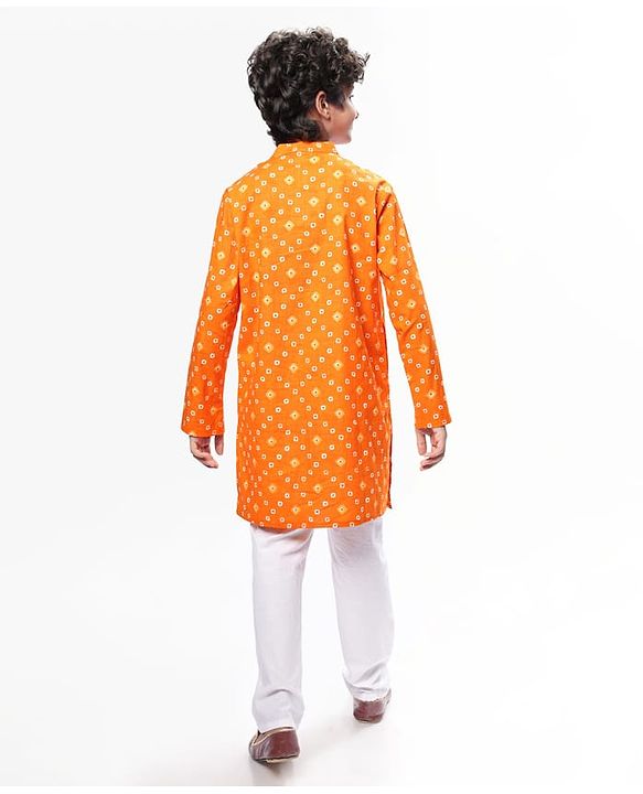 Pine Kids Cotton Woven Full Sleeves Kurta & Pyjama With Bandhani Print - Orange