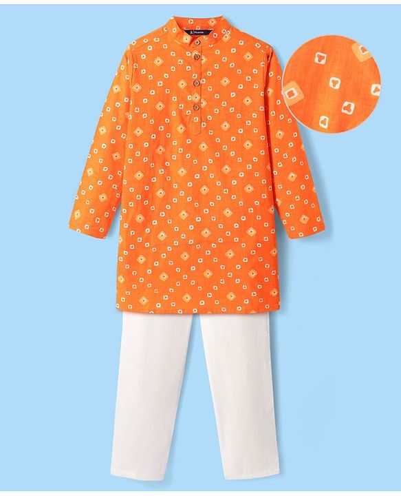 Pine Kids Cotton Woven Full Sleeves Kurta & Pyjama With Bandhani Print - Orange