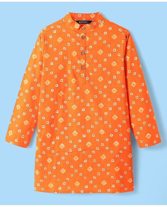 Pine Kids Cotton Woven Full Sleeves Kurta & Pyjama With Bandhani Print - Orange