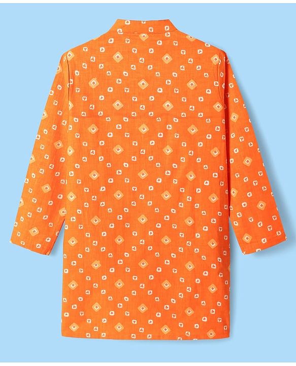 Pine Kids Cotton Woven Full Sleeves Kurta & Pyjama With Bandhani Print - Orange