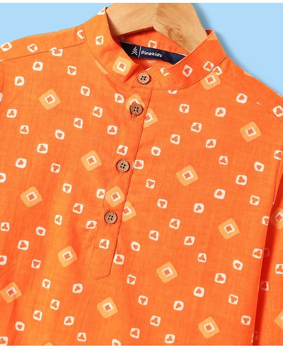 Pine Kids Cotton Woven Full Sleeves Kurta & Pyjama With Bandhani Print - Orange