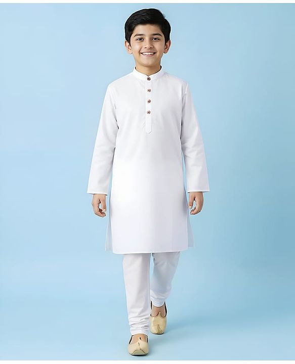 Pine Kids Cotton Woven Mandarin Collar Full Sleeves Solid Colour Kurta Pyjama Set - White