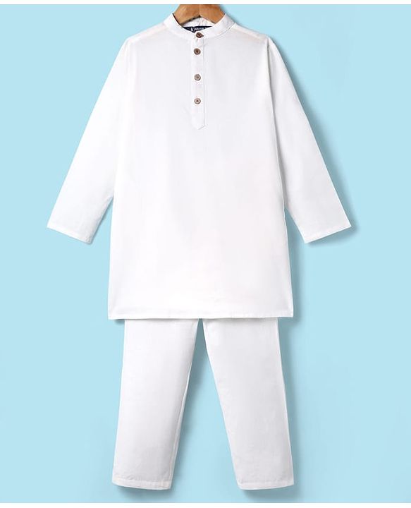 Pine Kids Cotton Woven Mandarin Collar Full Sleeves Solid Colour Kurta Pyjama Set - White