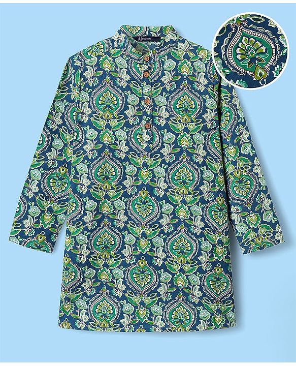 Pine Kids Cotton Woven Full Sleeves Kurta With Floral Print - Dark Green
