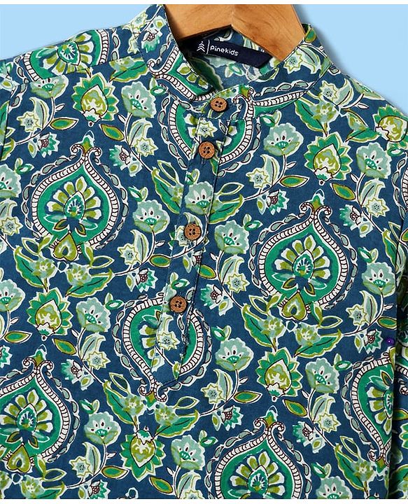 Pine Kids Cotton Woven Full Sleeves Kurta With Floral Print - Dark Green