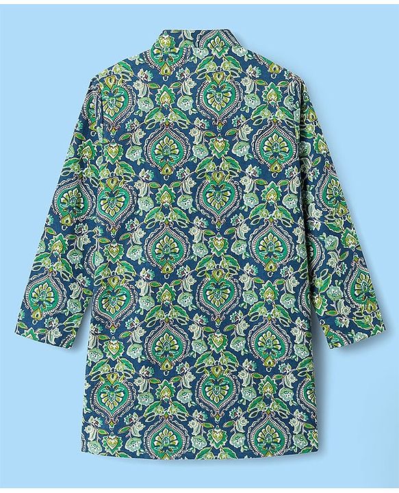 Pine Kids Cotton Woven Full Sleeves Kurta With Floral Print - Dark Green