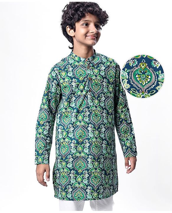 Pine Kids Cotton Woven Full Sleeves Kurta With Floral Print - Dark Green