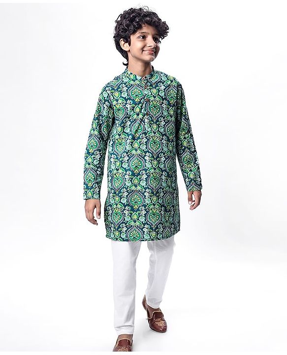 Pine Kids Cotton Woven Full Sleeves Kurta With Floral Print - Dark Green