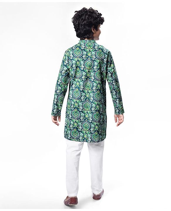 Pine Kids Cotton Woven Full Sleeves Kurta With Floral Print - Dark Green