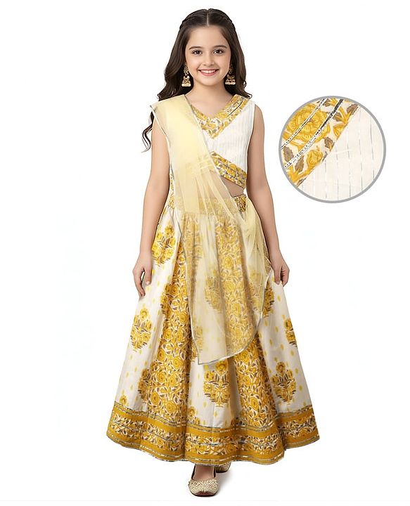 Pine Kids Cotton Woven Sleeveless Choli Lehenga Set & Dupatta With Floral Print & Lace Detailing - Mustard