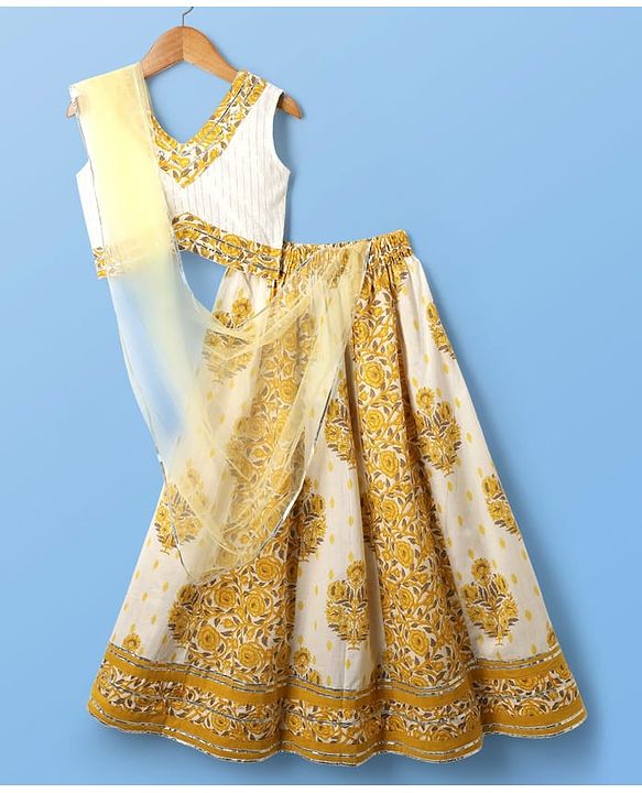 Pine Kids Cotton Woven Sleeveless Choli Lehenga Set & Dupatta With Floral Print & Lace Detailing - Mustard