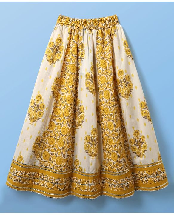 Pine Kids Cotton Woven Sleeveless Choli Lehenga Set & Dupatta With Floral Print & Lace Detailing - Mustard