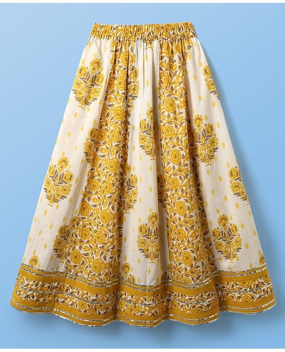 Pine Kids Cotton Woven Sleeveless Choli Lehenga Set & Dupatta With Floral Print & Lace Detailing - Mustard