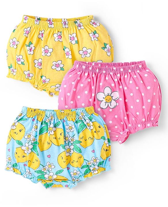 Babyhug 100% Cotton Single Jersey Knit Antibacterial Bloomers With Polka Dots & Floral Print Pack of 3 - Pink Yellow & Light Blue