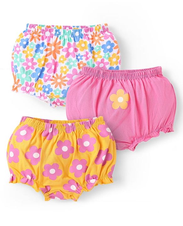 Babyhug 100% Cotton Single Jersey Knit Antibacterial Bloomers With Floral Print Pack Of 3 - Pink Orange & White