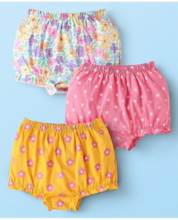 Babyhug 100% Cotton Single Jersey Knit Antibacterial Bloomers With Floral & Polka Dots Print Pack Of 3 - Pink White & Yellow
