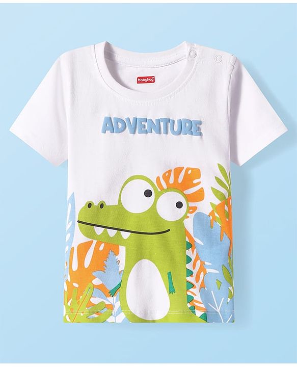 Babyhug Cotton Knit Half Sleeves T-Shirt With Adventure Text & Dino Print - White