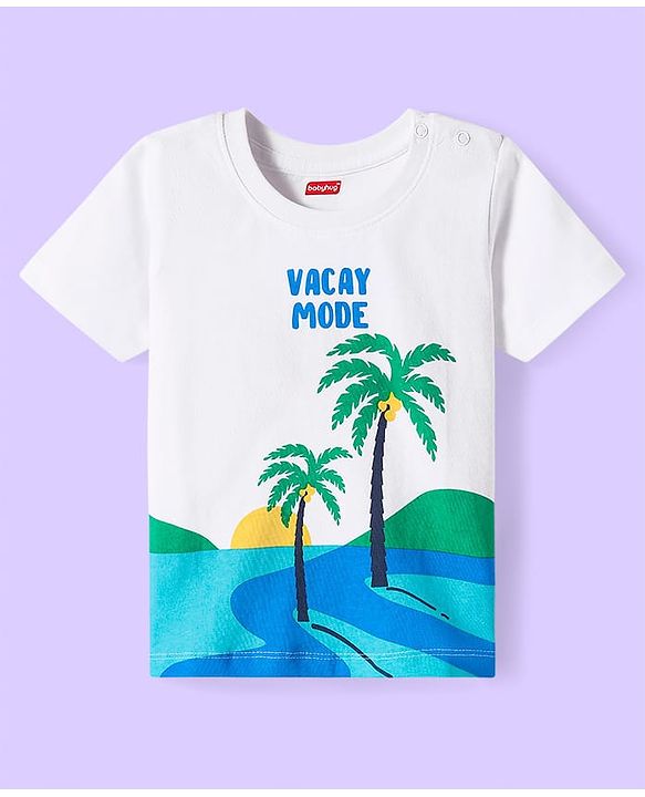 Babyhug Cotton Knit Half Sleeves T-Shirt With Vacay Mode Text & Beach Print - White