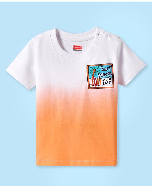 Babyhug Cotton Knit Half Sleeves T-Shirt with Beach Theme Print & Ombre Effect - White & Orange
