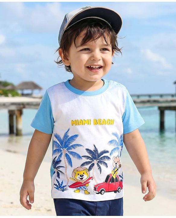 Babyhug Cotton Knit Half Sleeves T-Shirt with Puff Print & Ombre Effect - White & Light Blue