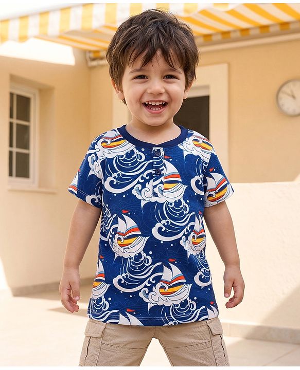 Babyhug Cotton Knit Half Sleeves T-Shirt with Nautical Theme Print - Navy Blue