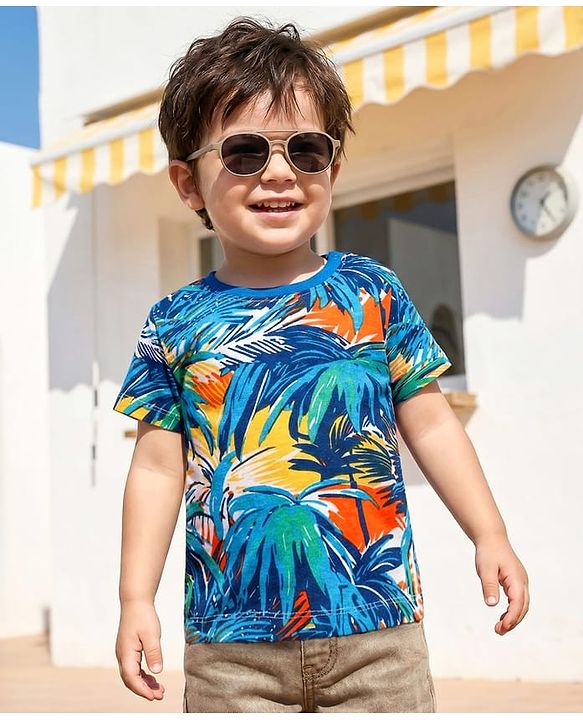 Babyhug Cotton Knit Half Sleeves T-Shirt with Tropical Theme Print - White