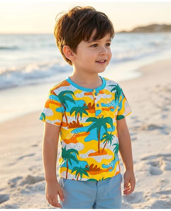 Babyhug Cotton Knit Half Sleeves T-Shirt with Beach Theme Print - White