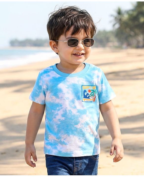 Babyhug Cotton Knit Half Sleeves Tie & Dye T-Shirt with Beach Theme Print - Light Blue