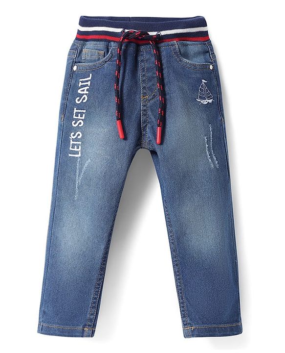 Babyhug Cotton Denim Full Length Washed Jeans With Stretch & Logo Text Print - Blue