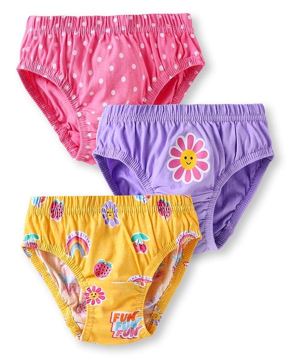 Babyhug 100% Cotton Knit Antibacterial Panties With Polka Dot & Floral Print Pack Of 3 - Pink Purple & Yellow