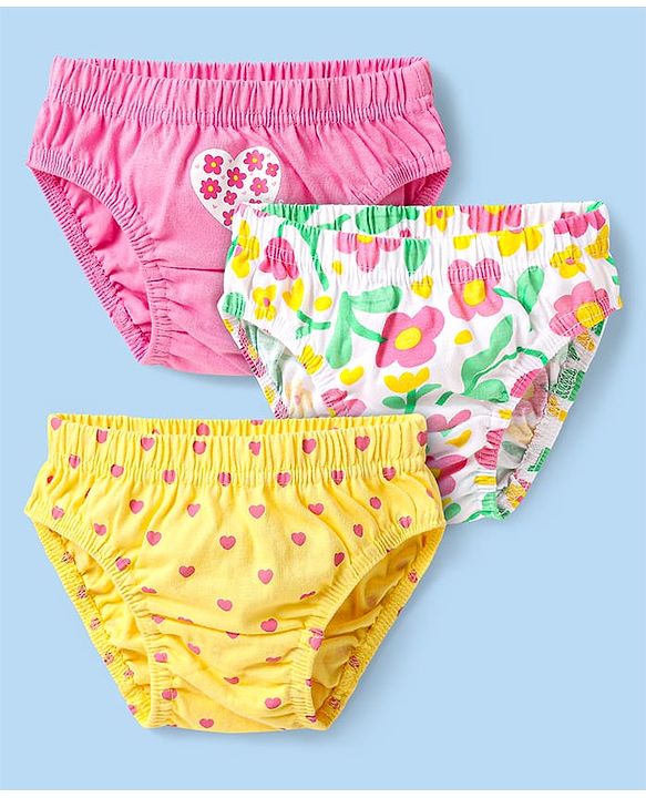 Babyhug Single Jersey Knit Antibacterial Panties  With Heart & Floral Print Pack Of 3 - Yellow Pink & White