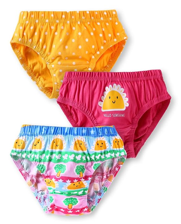 Babyhug 100% Cotton Knit Antibacterial Panties With Polka Dot & Tropical Print Pack Of 3 - Dark Pink & Yellow