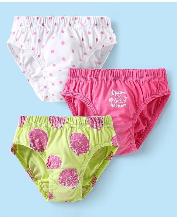 Babyhug 100% Cotton Knit Antibacterial Panties With Polka Dot & Sea Life Print Pack Of 3 - Dark Pink & White
