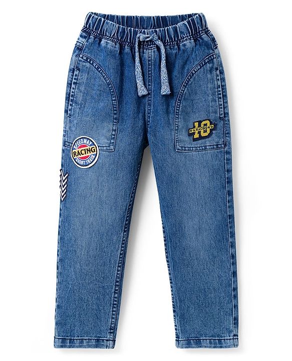Babyhug Full Length Washed Denim Jeans With Stretch & Patch Detailing - Blue